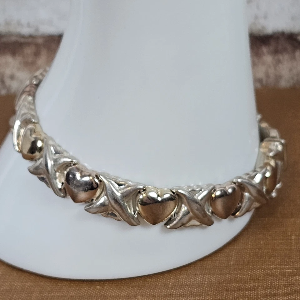 Pulsera Italia IBB 925 Plata de Ley y Oro Tono Corazón Eslabones 7.25" 10mm Foto 3 de 4