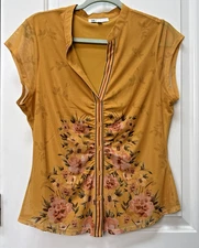 DR2 by Daniel Rainn Women’s Gold Mustard Floral Blouse Top Large Buttons Boho