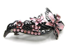 Hair Clip Enamel Pink Butterfly Crystal Rhinestones 4 inch