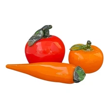 Vintage Hand Blown Art Glass Fruits and Vegetable Lot of 3, Apple Orange Carrot