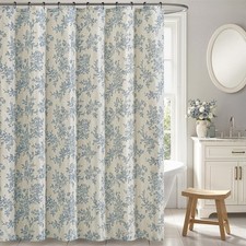 Extra Long Linen Blue Floral Shower Curtain 84 Inch Long, Linen Textured Fabr...