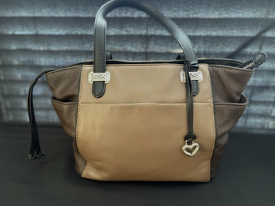 Brighton Pebbled Leather Tri Color Black Dark & Light Brown Tote Bag Purse