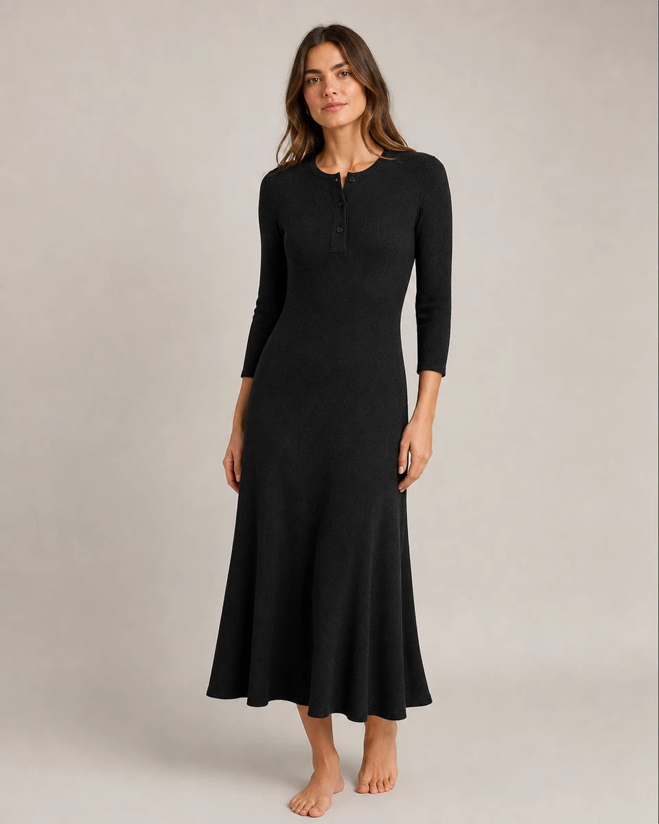 waffle knit henley maxi dress LONG SLEEVE HENLEY MAXI DRESS