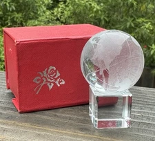 Small Solid 1.5” Crystal/ Glass? Acid Etched Globe With Crystal/ Glass Base.