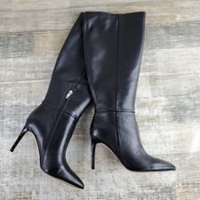 Botas hasta la rodilla Nine West Richy para mujer talla 7 M cuero negro pantorrilla ancha cremallera lateral