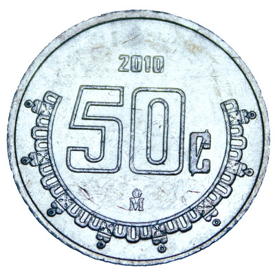 Mexico 50 Centavos, 2010 Gem Unc~Stainless Steel~National Arms~Eagle~Free Ship