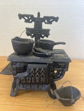 Antique Queen Miniature Cast Iron Stove Salesman Store Sample With Pots Pans