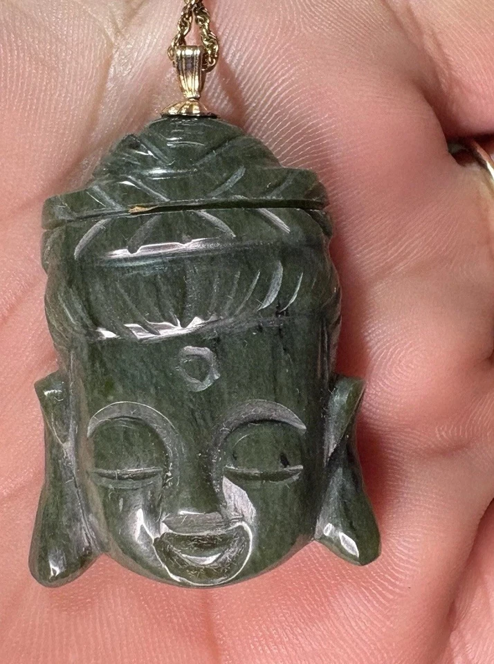 14K Gelbgold Kwan Yin Buddha grüne Jade Anhänger groß 13,5g 41mm 2mm Ballen