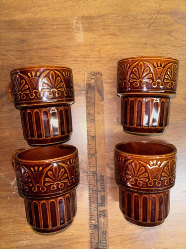 Set Of 4 Tiki MCM Japanese Stacking Embossed Floral Earthenware Coffee Mugs Cups - Picture 12 of 17