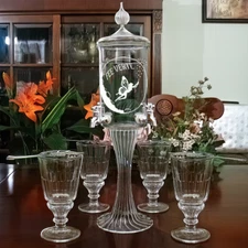 GREEN FAIRY ETCHED ABSINTHE WATER FOUNTAIN SET GLASSES & SPOONS - Gift