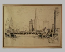 Otto Schneider (1875-1946) etching "Chicago From the River" 1927 -framed