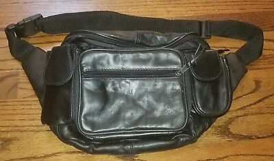 Vintage Large Black Leather Fanny Pack Waist Bag TONS OF POCKETS HOT