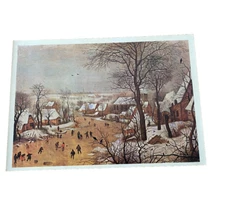 Vintage 1980's Winter Scene Village Lithograph Poster 24"X 17"