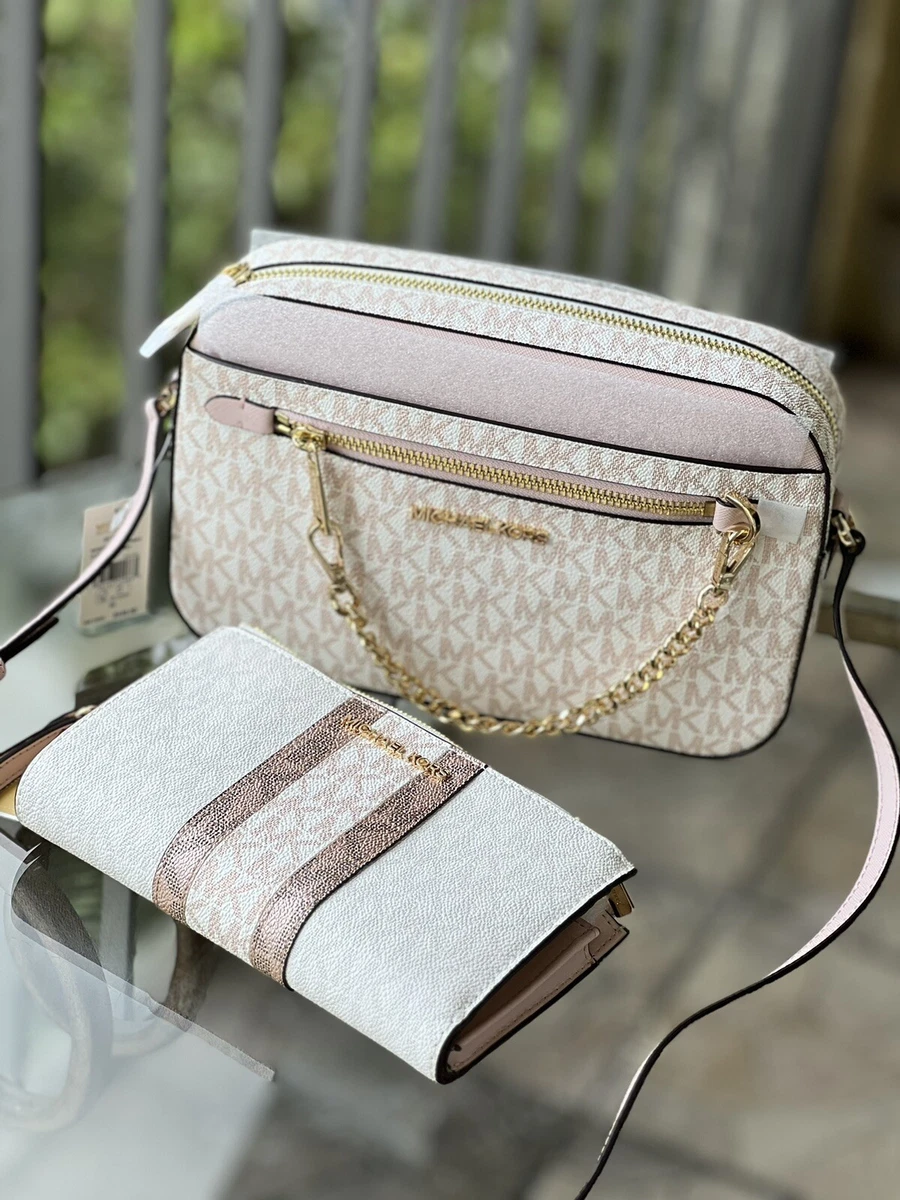 MICHAEL KORS JET SET ITEM EAST WEST CHAIN CROSSBODY BAG WHITE PINK+WALLET