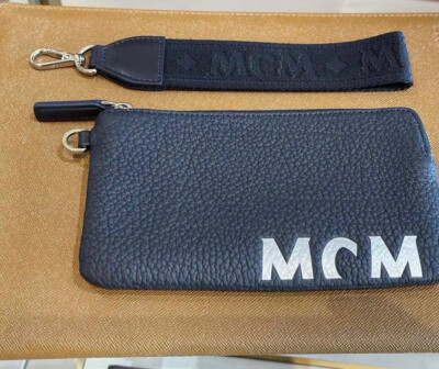 Authentic MCM Luggage Blue Leather Pouch Clutch Bag, Large Zipped