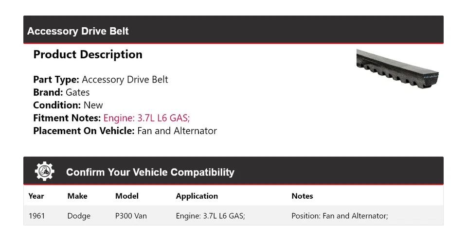 For 1961 Dodge P300 Van 3.7L L6 GAS Drive Belt For Fan and Alternator Gates - Image 2 of 4