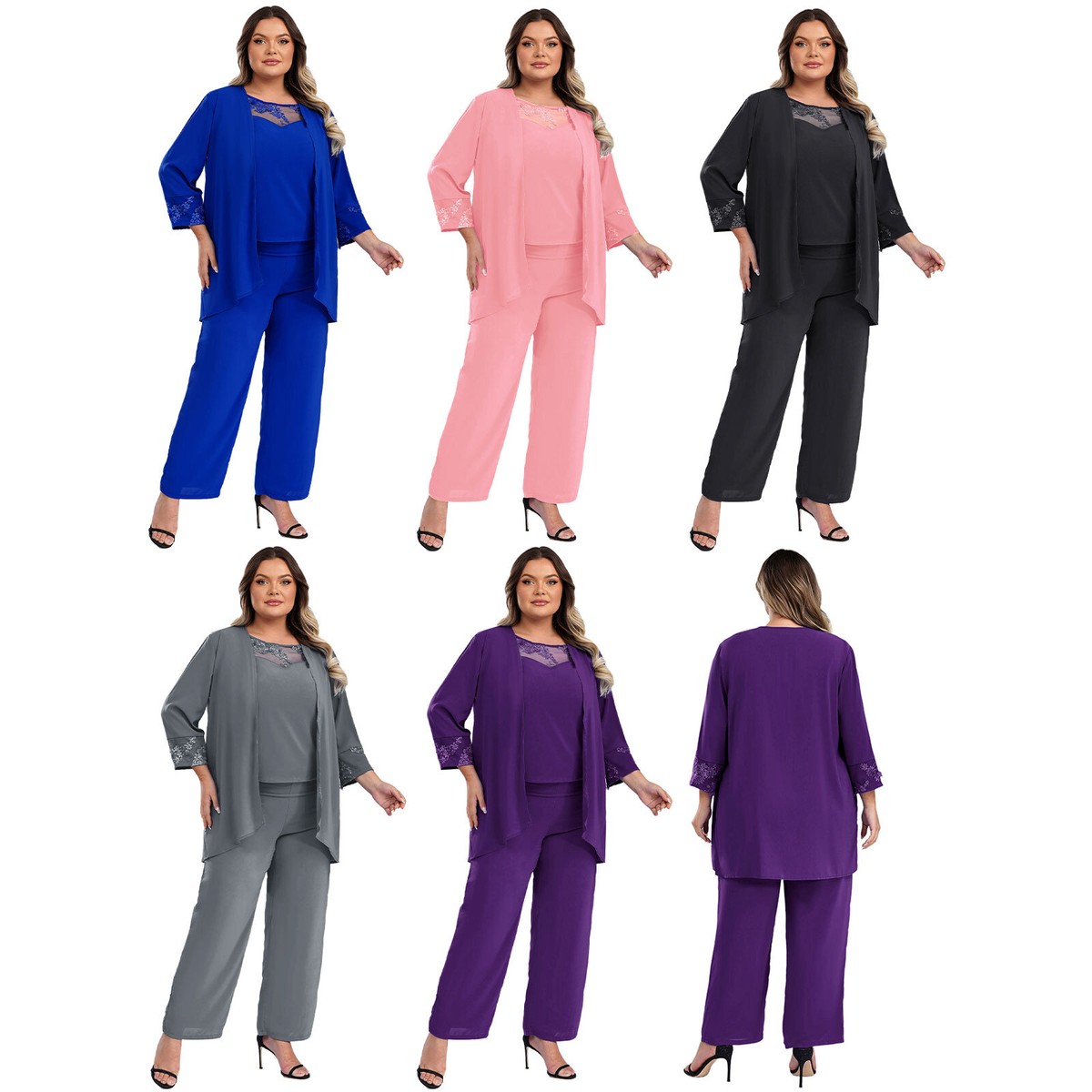 Hosenanzug Damen 3 Teiliges Set Spitze Chiffon Shirt Und Hohe Hosenanzug Dreiteilig Hosenanzug Cocktail Party Spitzen Vintage Lange Hose Abendanzug