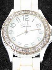 Geneva White Dial Crystal Accent Round Case White Silicone Band Watch