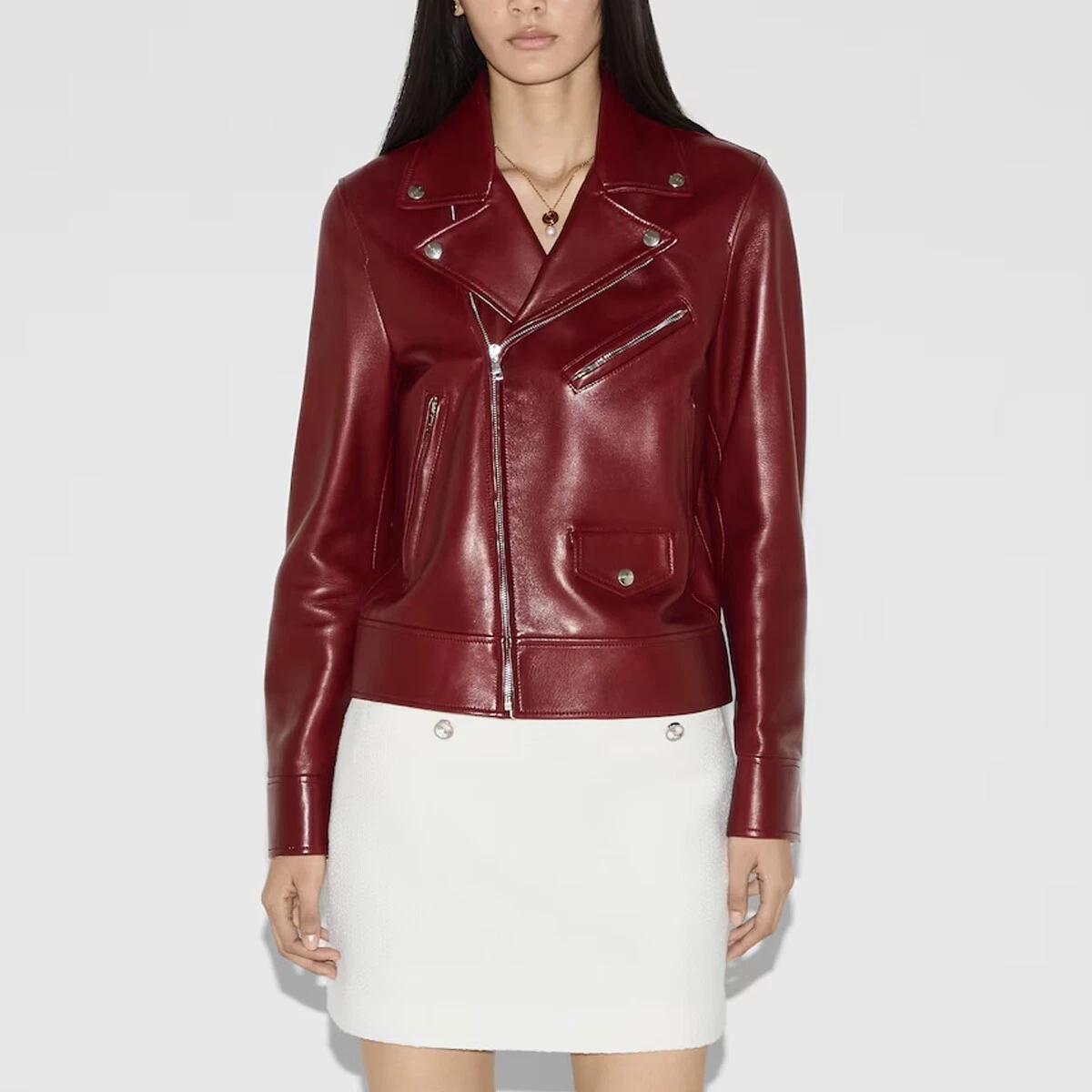 Gucci Giacca Pelle di Vacchetta Donna Rosso Ventilato Designer Coat