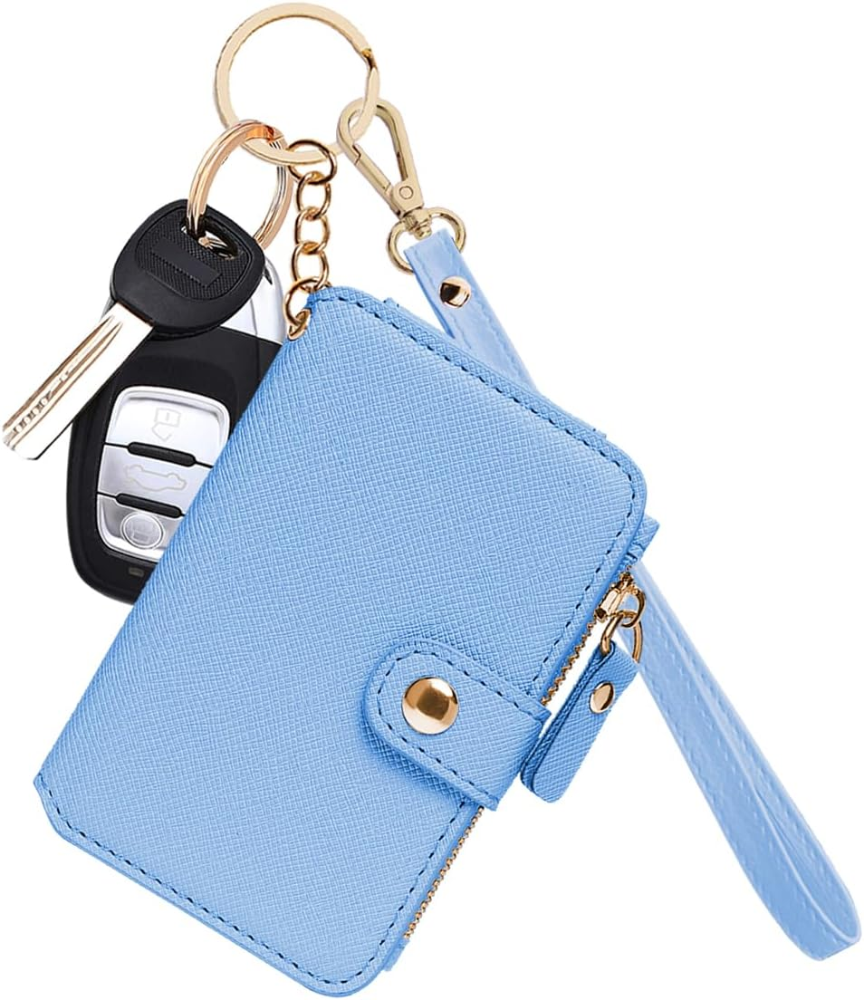 Women's Leather Keychain Wallet with Zipper & Coin Pocket - Sky Blue-image