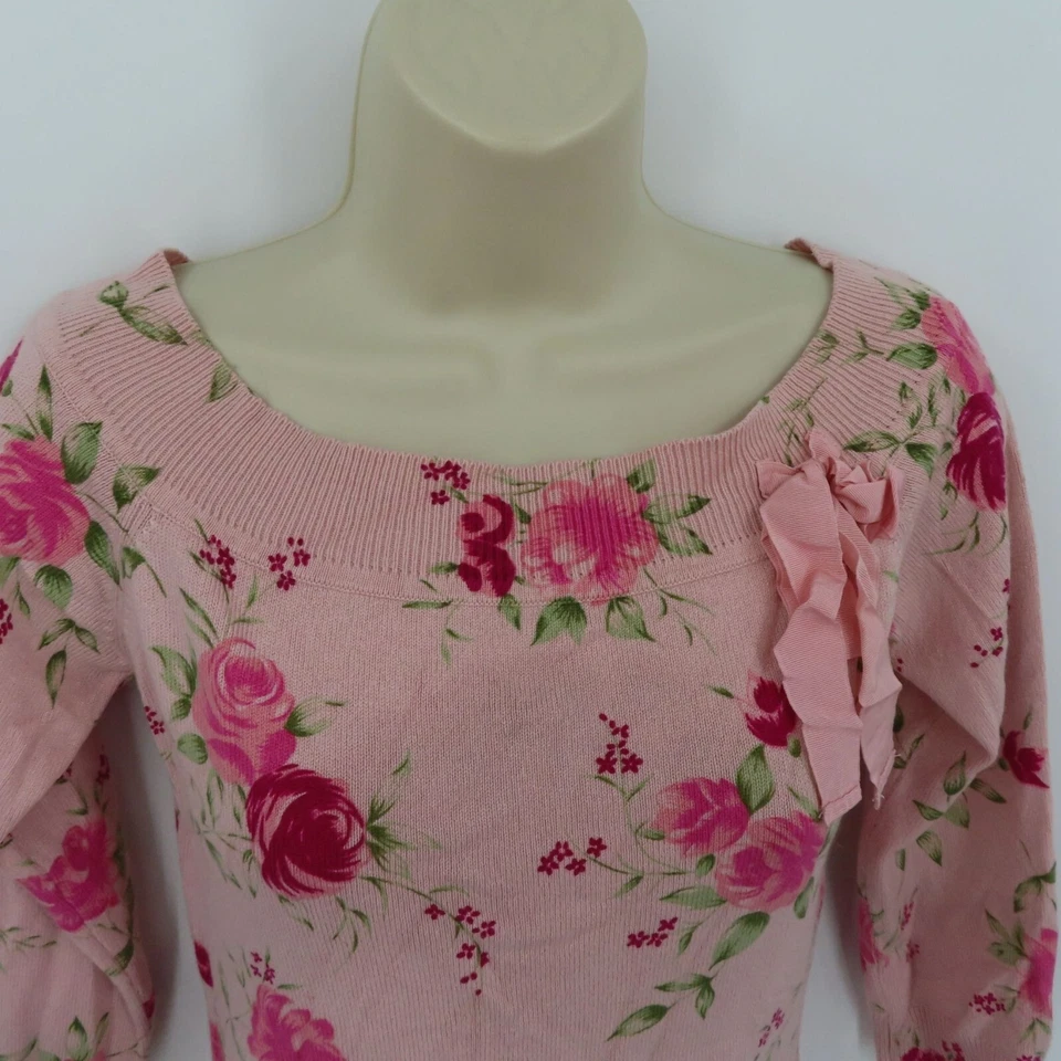 Arden B Women Medium Silk Cashmere Pink Rose Flower Floral Boat Neck Sweater Bow - Image 2 of 4