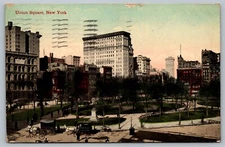 Postcard Union Square New York City Manhattan Horse Buggy Carriage Ride NY