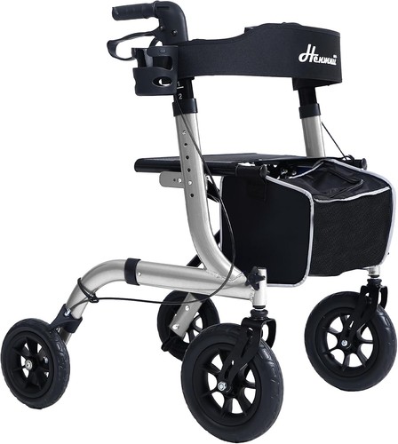 Rollator Walker Lightweight Foldable All Terrain Henmnii 10" Rubber Wheel SILVER