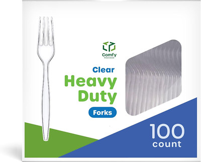Comfy Package [100 Pack] Heavy Duty Disposable Clear Plastic Forks - Basic Cutle