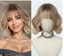 Wavy Bob Synthetic Wigs with Bangs for Women Dark Brown 16 Inch Daily Party Wig