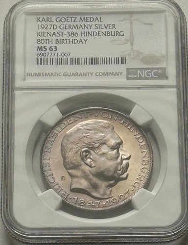 1927 D Germany-Karl Goetz Medal, K-386 Hindenburg 80th B-Day, NGC MS63-Gorgeous