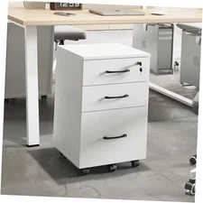 File Cabinet With Lock, 3 Drawer Wood Rolling Filing Under Desk for Home White