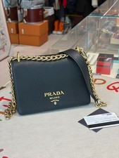Prada Saffiano Black Saffiano Leather Chain Shoulder AUTH