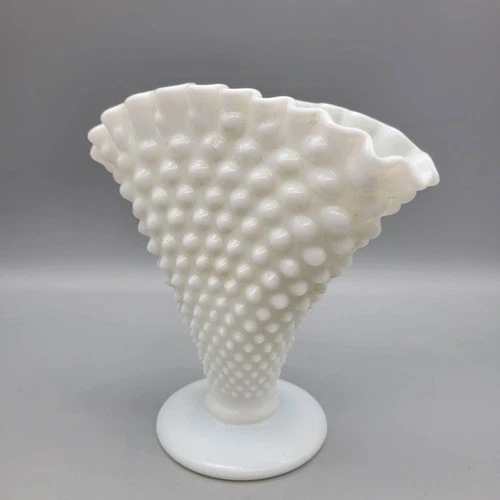 Vintage Fenton White Milk Glass Vase, Hobnail Pattern, Ruffled Edge Cottagecore