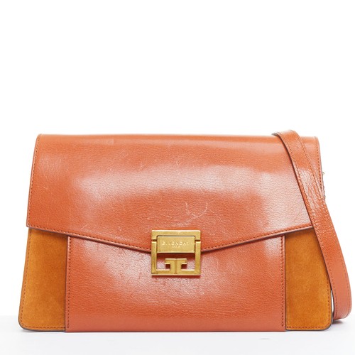 GIVENCHY GV3 Small tan brown leather suede clasp structured crossbody bag