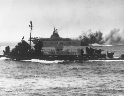 USS INTREPID BURNING KAMIKAZE ATTACK OKINAWA 1945 8.5X11 PHOTO