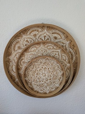 Boho Wanddeko Bambus rund 3er Set Mandala Deko Tablett Bali