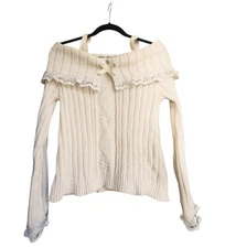 ROMWE M Coquette Fairycore Off Shoulder Knit Sweater Top Lace Trim Bow...