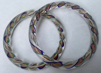 Vintage Murano Art Glass Rainbow Swirl Ribbon Bangle Bracelet Pair Small and Med