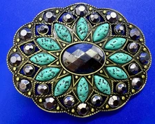 Southwestern Turquoise Blue Color & Rhinestone Accented Floral Theme Belt Buckle