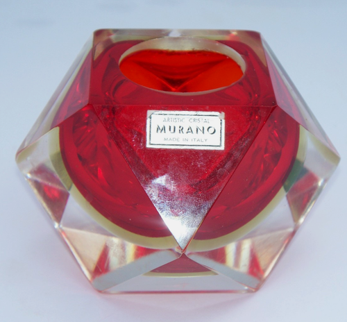 VINTAGE ARTISTIC CRISTAL MURANO SOMMERSO GEOMETRIC RED  GLASS BOWL ASHTRAY - Afbeelding 1 van 4