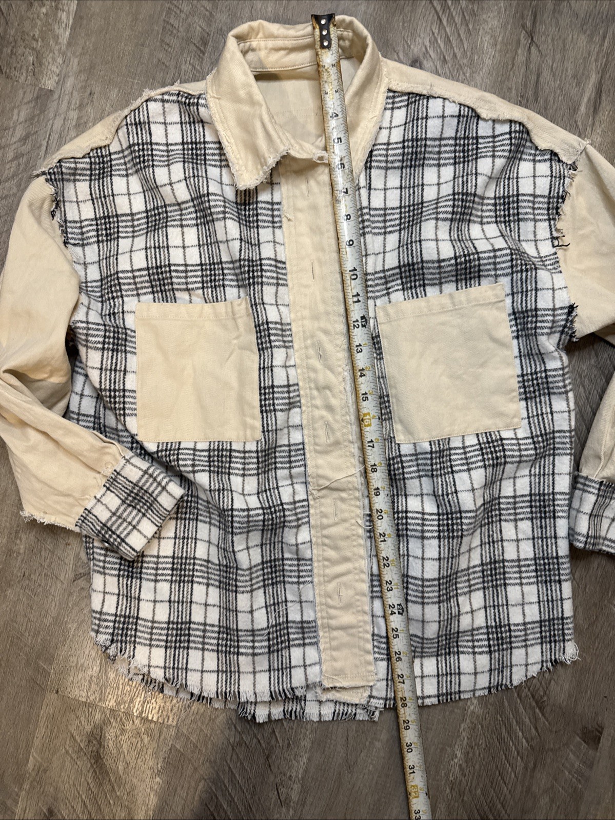 Distressed Raw Edge Plaid Patchwork Denim Jacket … - image 6