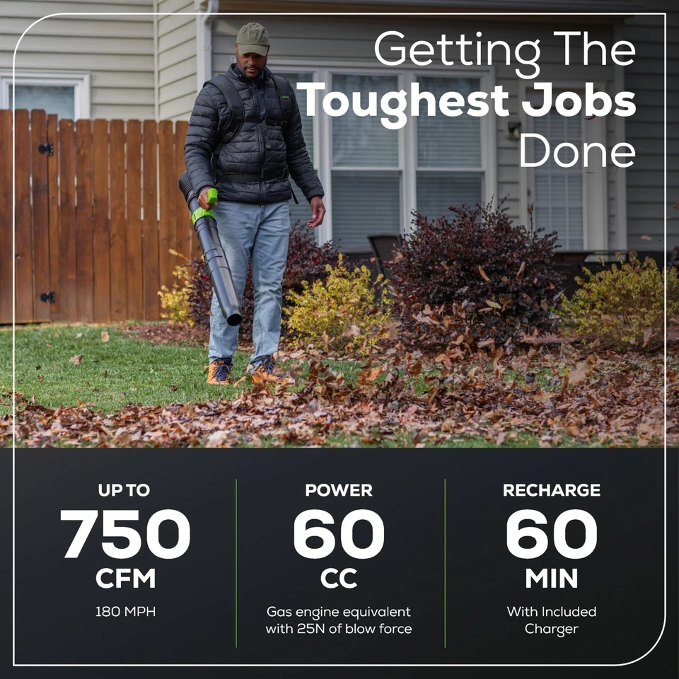 Greenworks 80V 750CFM Backpack Leaf Blower with 4Ah Battery and Rapid Charger - Image 3 of 4