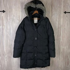 Aeropostale Womens Down Puffer Coat size M Parka Black Faux Fur Hood Snap Y2K