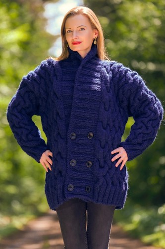 Thick blue wool sweater cardigan jacket hand knitted warm heavy coat SUPERTANYA - Picture 8 of 8