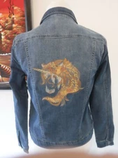 Blue Denim Knit Jacket Embroidered With Bohemian Unicorn Design On Back Size S/P