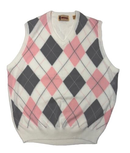 Vintage Antigua Of Scottsdale Golf Vest Men’s Size Large Pink Grey Argyle Sweate