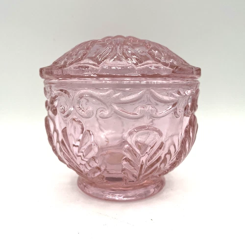 Fenton Trinket Dish with Lid - Glass Pink Floral and Swirls - Original Sticker