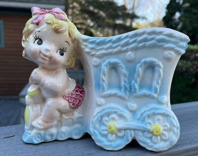 Vintage Relpo Big Eyes Baby Girl With Bow On Train Planter Nursery Pot 6084