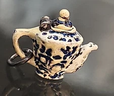 VTG FLORAL BLUE  ENAMEL Sterling Silver MINI TEA POT CHARM  MOVEABLE LID 3/4"