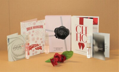 Lot of 5 Women's Perfume Samples: Hippie Chic, Flowerbomb Bloom, CH Herrera +2